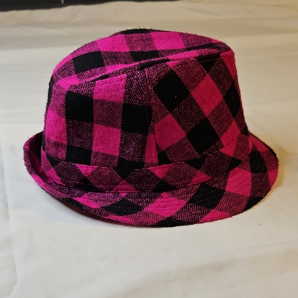 Kirra Buffalo Plaid Hot Pink & Black Fedora Hat  Size S/M